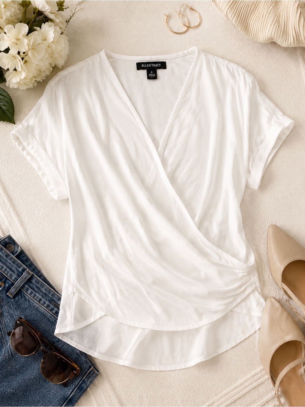 Ellen Tracy White Surplice Wrap Blouse Short Sleeve Draped Top S